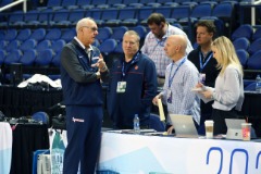 At the 2020 ACC Men’s Basketball Tournament on March 10, 2020: L to R: Syracuse head coach Jim Boeheim, Pete Moore, play-by-play announcer Sean McDonough, Eric Mosely (ESPN Producer) and ESPN/ACC Network sports reporter Katie George.